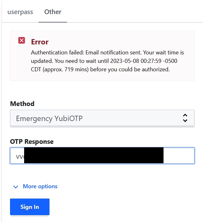 Vault UI Showing Emergency YubiOTP Authentication Waiting Period Notification